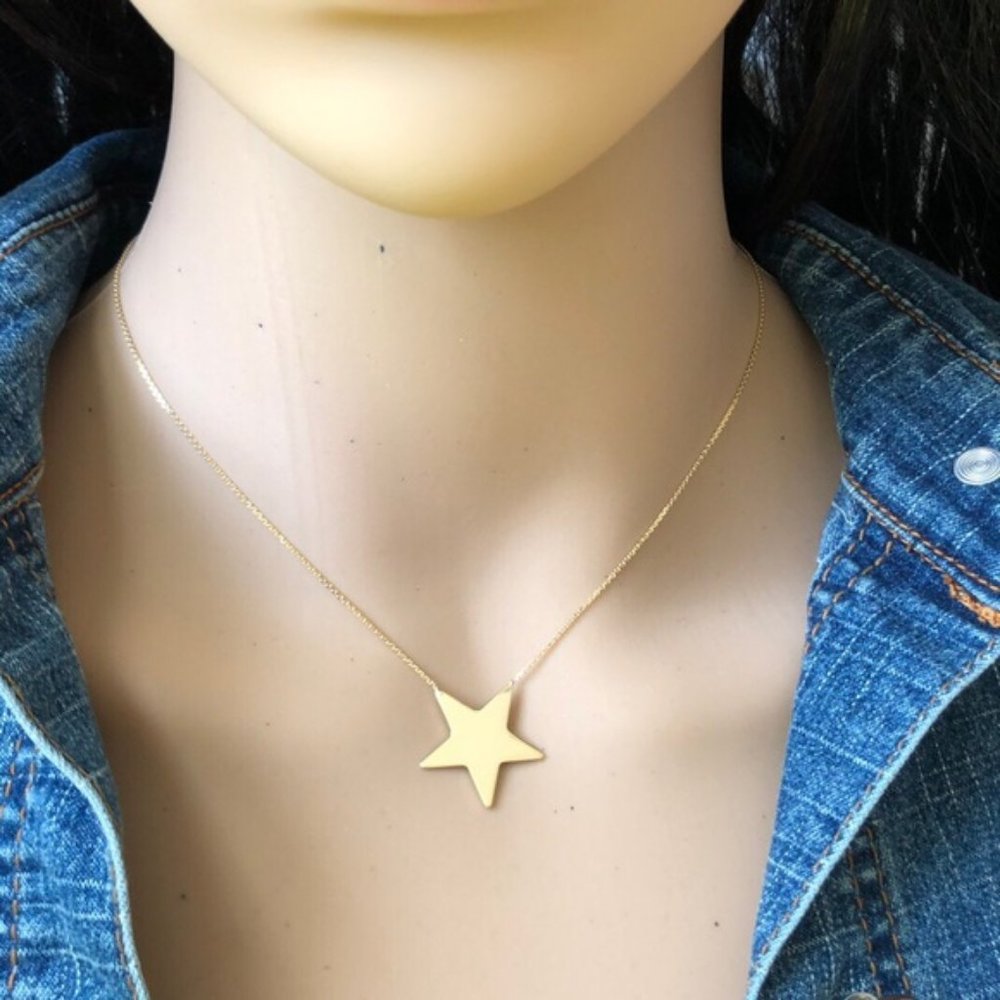 14K Solid Yellow Real Fine Gold Star Adjustable Necklace